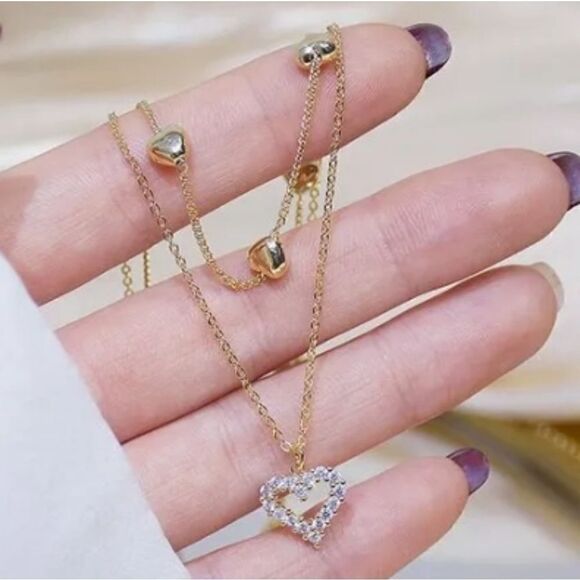 GOLD Plated Heart Diamond Heart Necklace - Picture 2 of 5